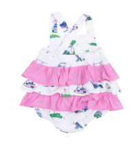 Load image into Gallery viewer, Vintage Golf Carts Pink Ruffle Sunsuit