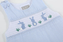 Load image into Gallery viewer, Light Blue Seersucker Easter Bunny Smocked Overalls