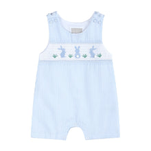 Load image into Gallery viewer, Light Blue Seersucker Easter Bunny Smocked Overalls