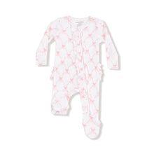 Load image into Gallery viewer, Ribbon Bow Trellis 2 Way Ruffle Zipper Footie
