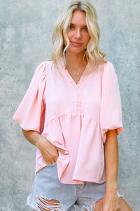 Bells Balloon Short Sleeve Babydoll Solid Top