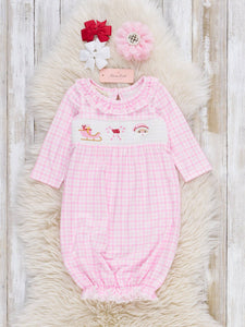 Pink Christmas Eve Smocked Plaid Gown