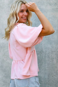 Bells Balloon Short Sleeve Babydoll Solid Top