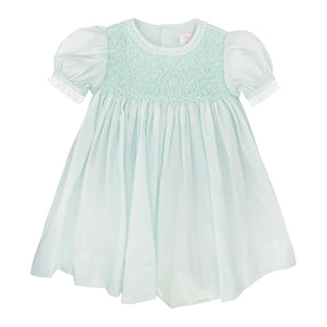 Petit Ami Fully Smocked Dress with French Lace in Mint #5150