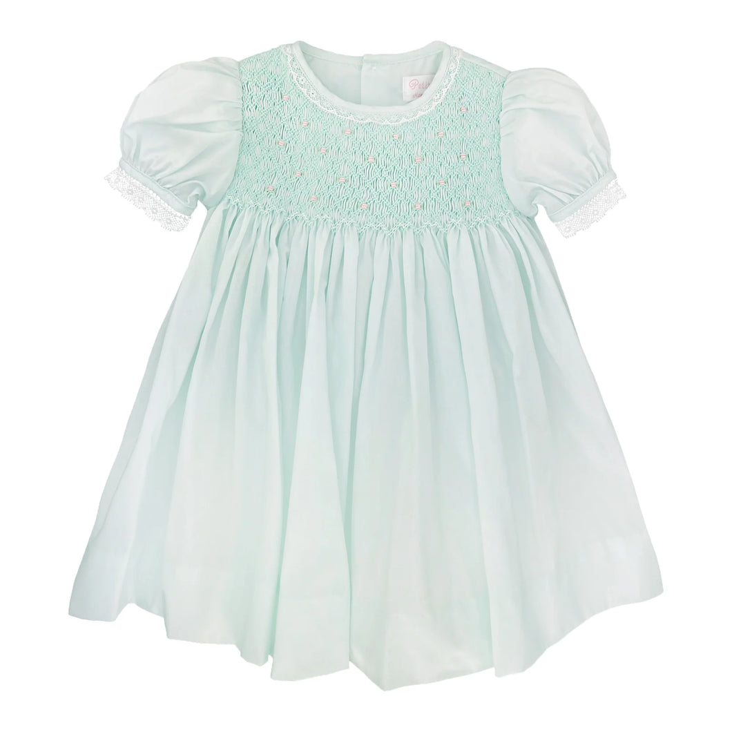 Petit Ami Fully Smocked Dress with French Lace in Mint #5150