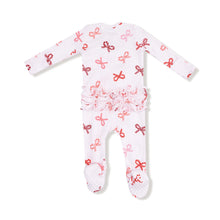 Load image into Gallery viewer, Candy Cane Bows 2 Way Zipper Ruffle Back Footie
