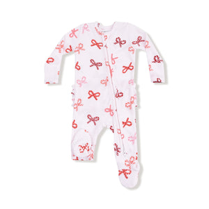 Candy Cane Bows 2 Way Zipper Ruffle Back Footie