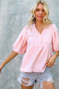 Bells Balloon Short Sleeve Babydoll Solid Top