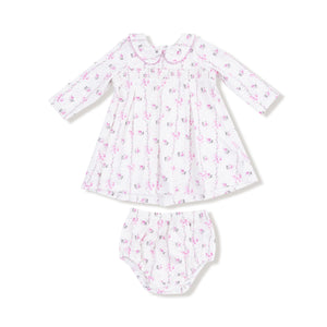 Dainty Buds and Bows Stripe Dress with Smocking and Bloomer