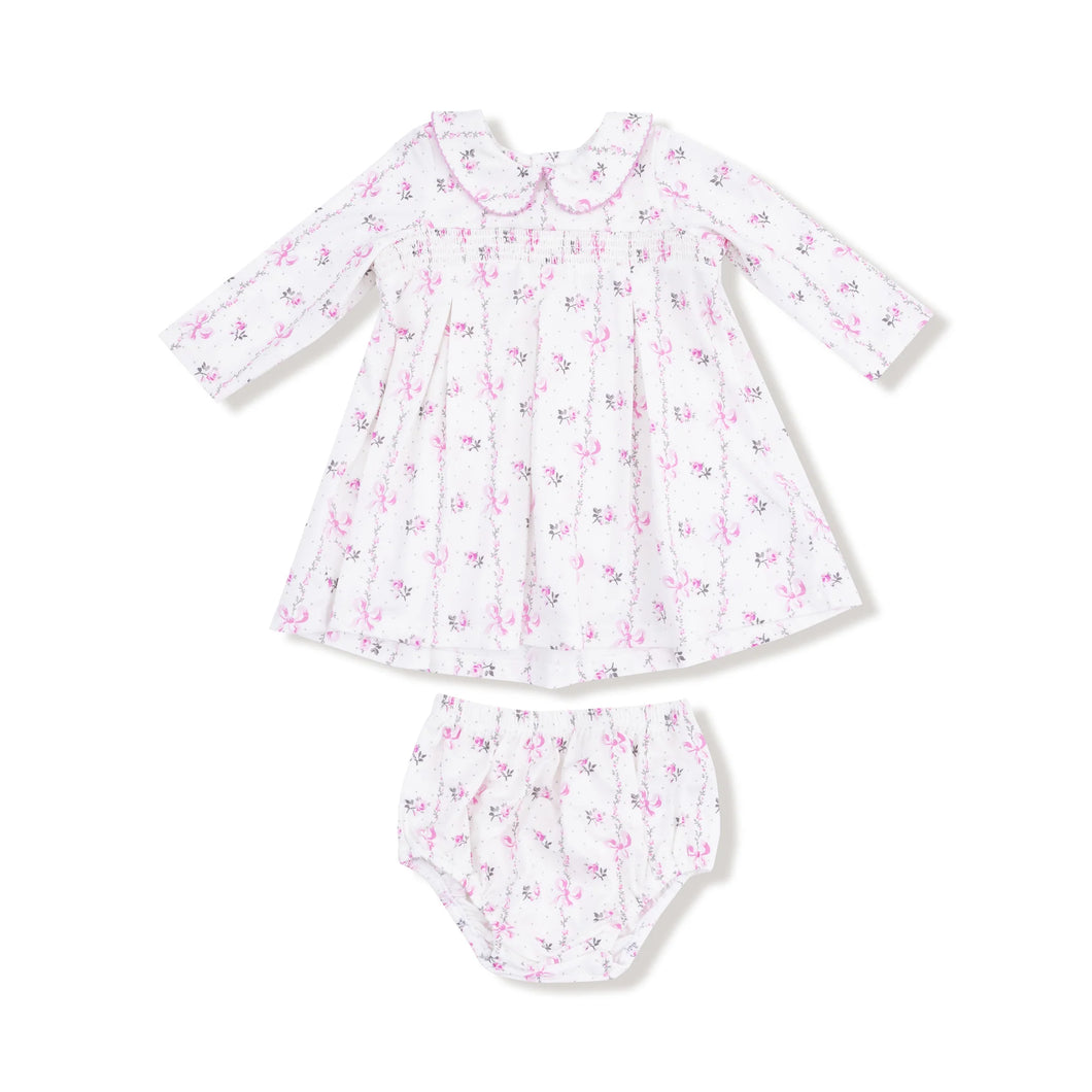 Dainty Buds and Bows Stripe Dress with Smocking and Bloomer