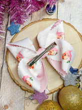 Load image into Gallery viewer, Scalloped Santa Print Glitter Hair Bow in Pink
