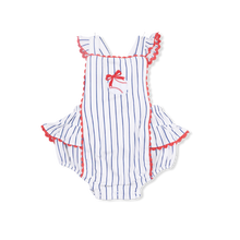 Load image into Gallery viewer, Baseball Stripe Ric Rac Ruffle Sunsuit
