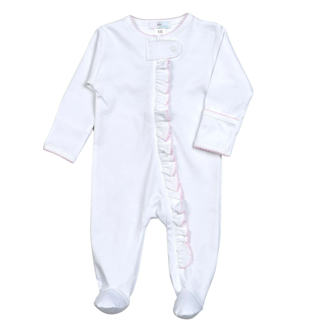 Baby Loren White Zipper Footie Pink Picot Trim