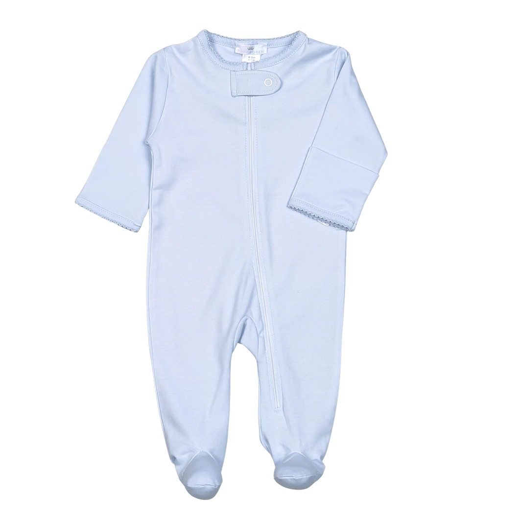 Baby Loren Blue Zipper Footie Blue Picot Trim