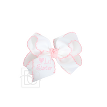Load image into Gallery viewer, Embroidered Lil Sis Crochet Edge Hair Bow on Alligator Clip
