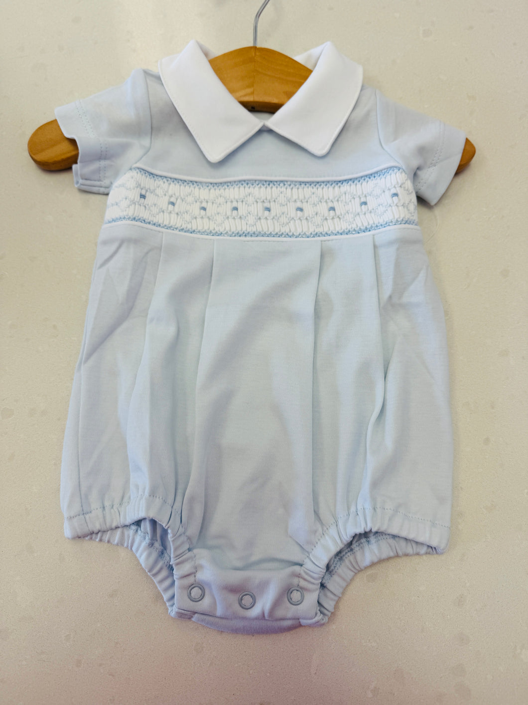 Tim Blue Hand Smocked Pima Bubble
