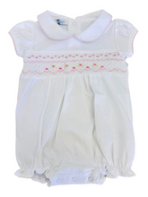 Load image into Gallery viewer, Baby Loren Sally White/Pink Hand Smocked Pima Short Sleeves Bubble
