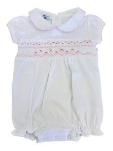 Baby Loren Sally White/Pink Hand Smocked Pima Short Sleeves Bubble