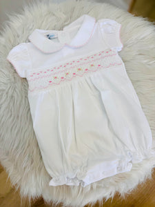 Baby Loren Sally White/Pink Hand Smocked Pima Short Sleeves Bubble