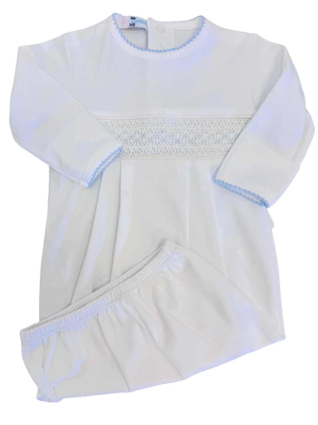Baby Loren Tim White/Blue Hand Smocked Pima Gown