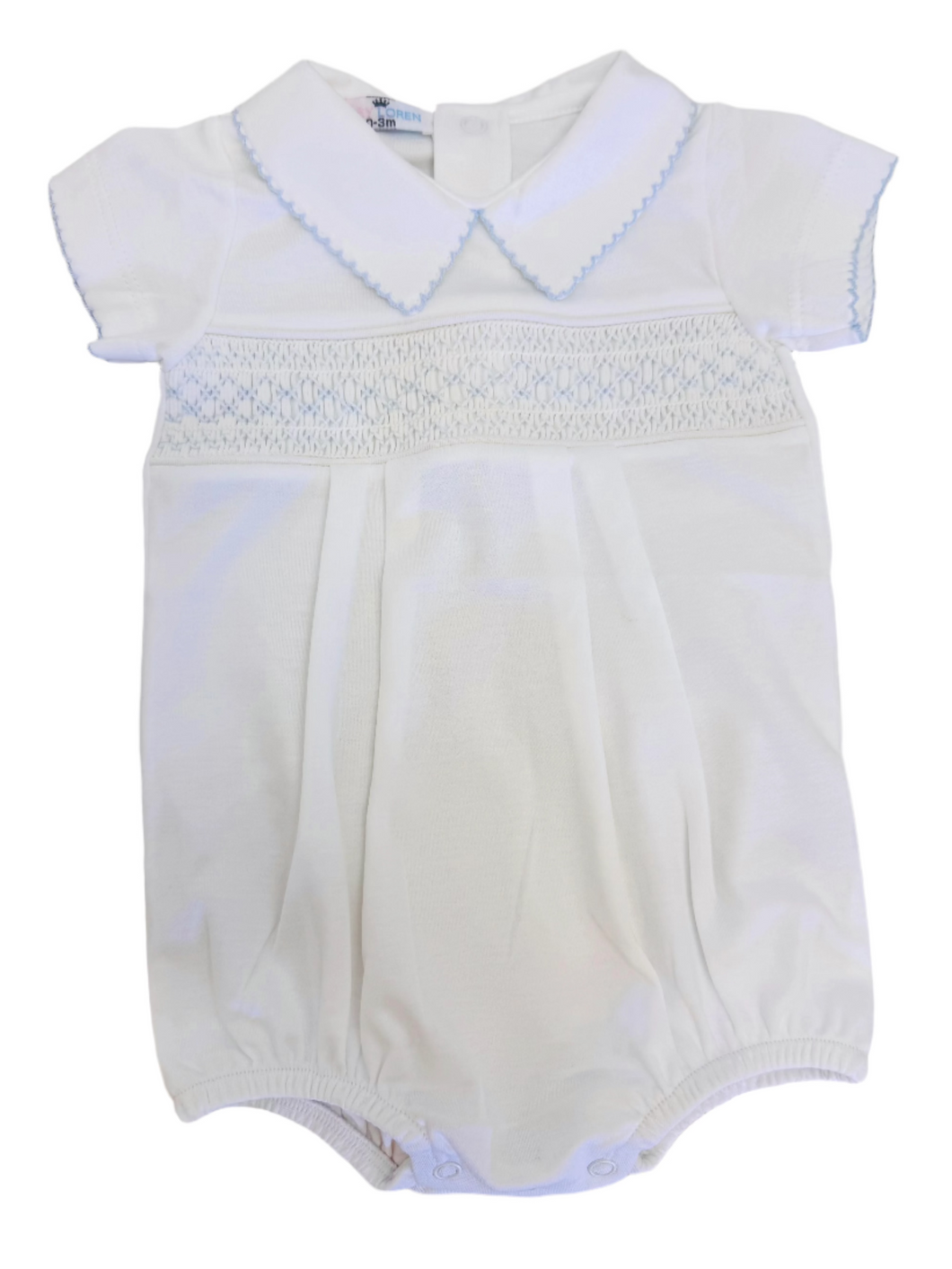 Baby Loren Tim White/Blue Hand Smocked Pima Short Sleeve Bubble