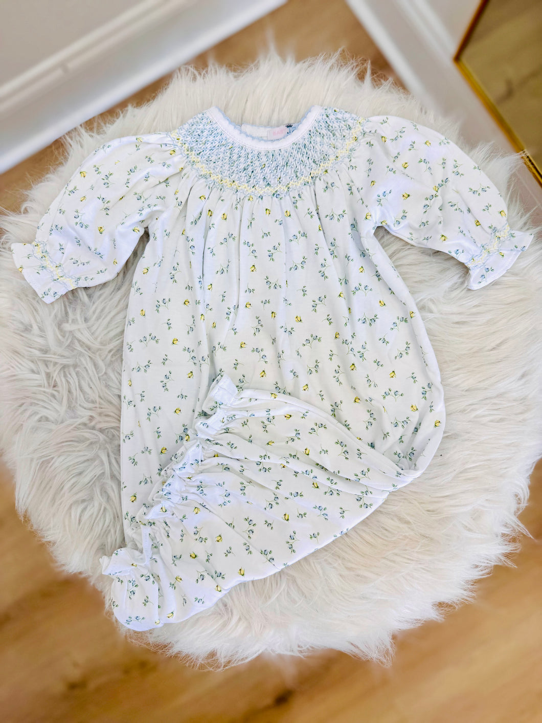 Baby Loren Mia Blue Floral Hand Smocked Bishop Gown