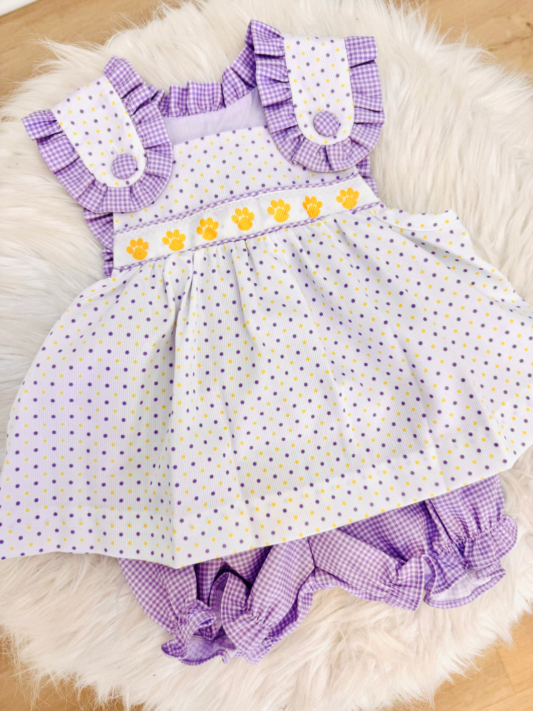 Purple/Gold Bitty Dot Tiger Paw Ribbon Bloomer Set