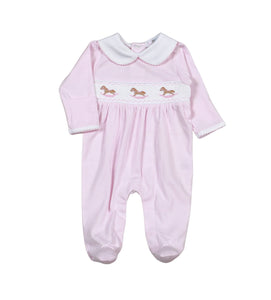 Pink Rocking Horse Hand Smocked Pima Footie