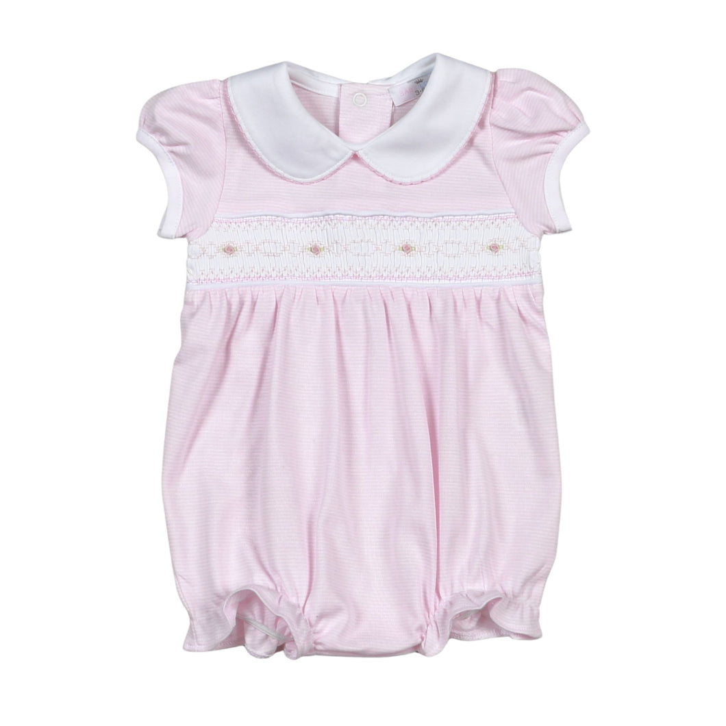 Sally Pink Stripes Hand Smocked Pima Short Sleeve Bubble