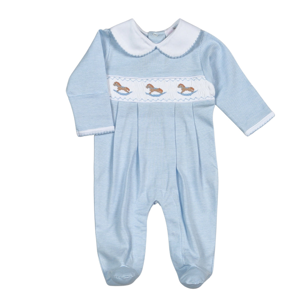 Blue Rocking Horse Hand Smocked Pima Footie