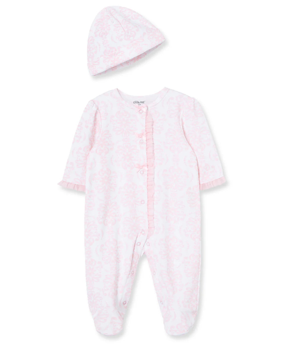 Damask Scroll Footed One-Piece And Hat