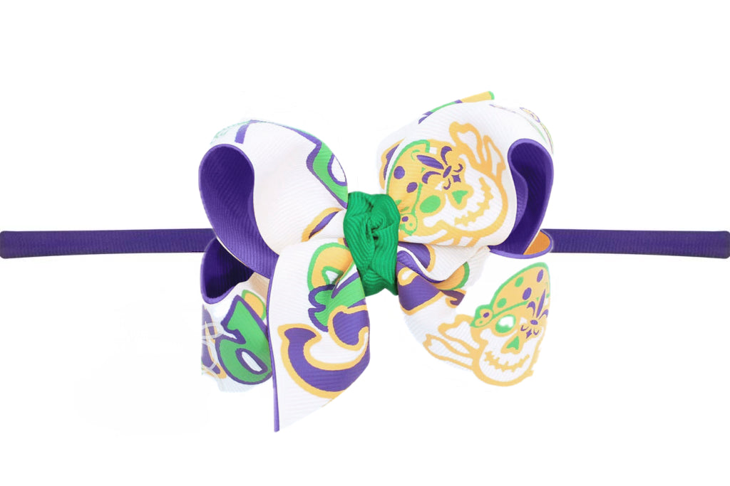 1/4 Pantyhose Headband with Layered Mardi Gras Print Hair Bow