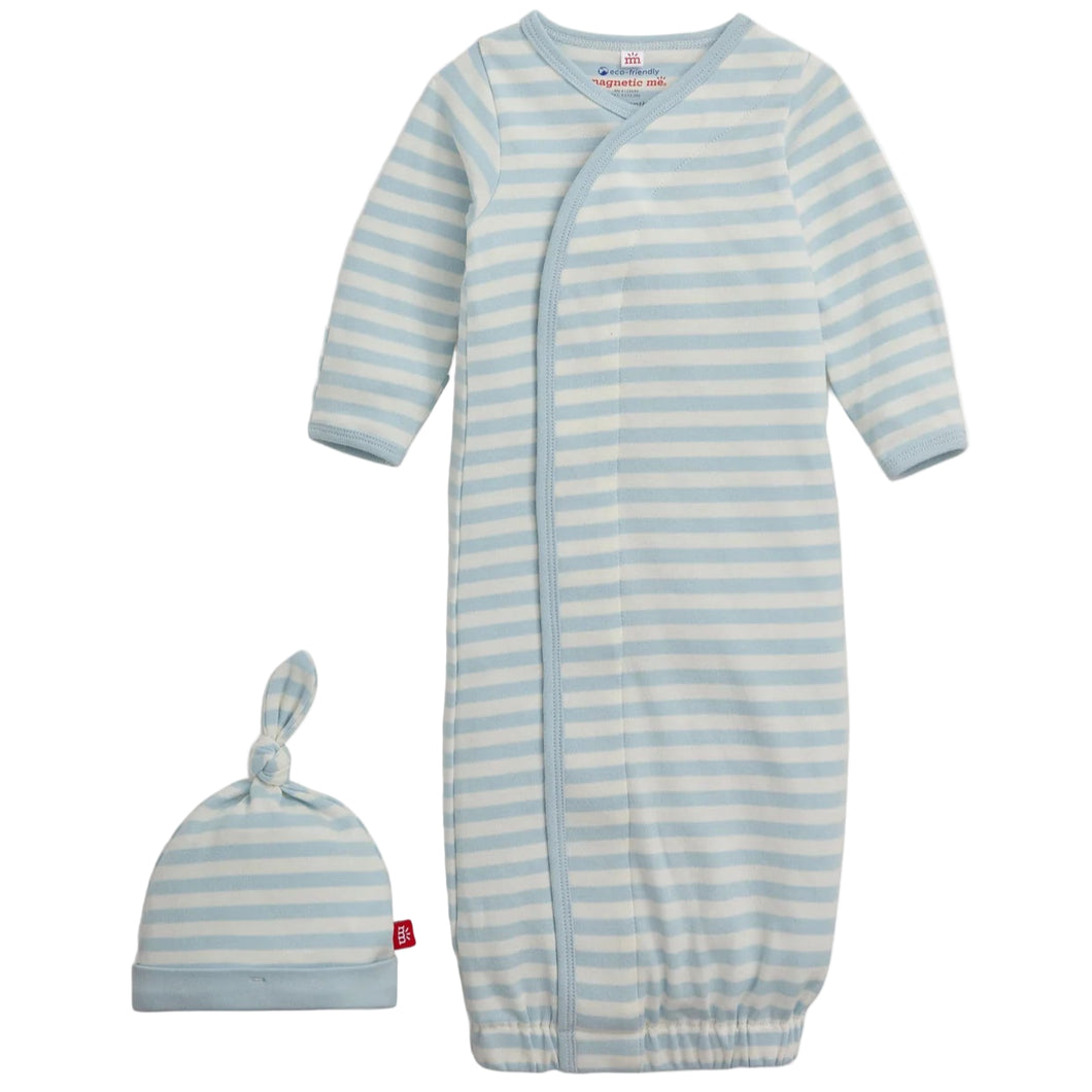 Blue Stripe Organic Cotton Magnetic Gown & Hat Set