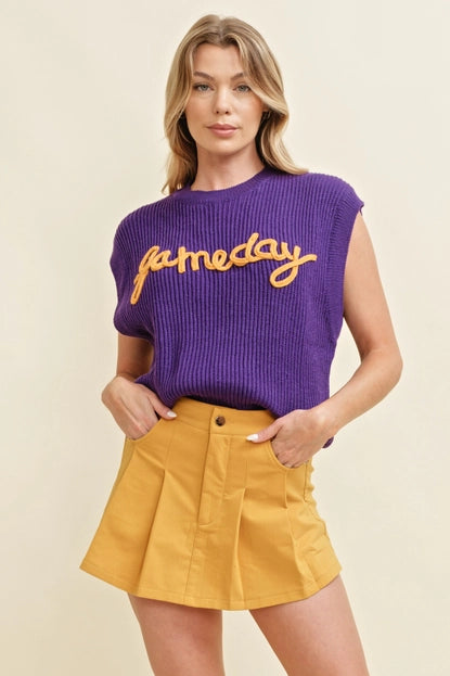 Purple & Gold Gameday Embroidered Sleeveless Sweater Top