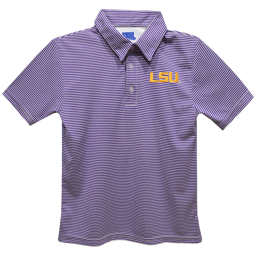 LSU Tigers Embroidered Purple Stripes Short Sleeve Youth Polo Box Shirt