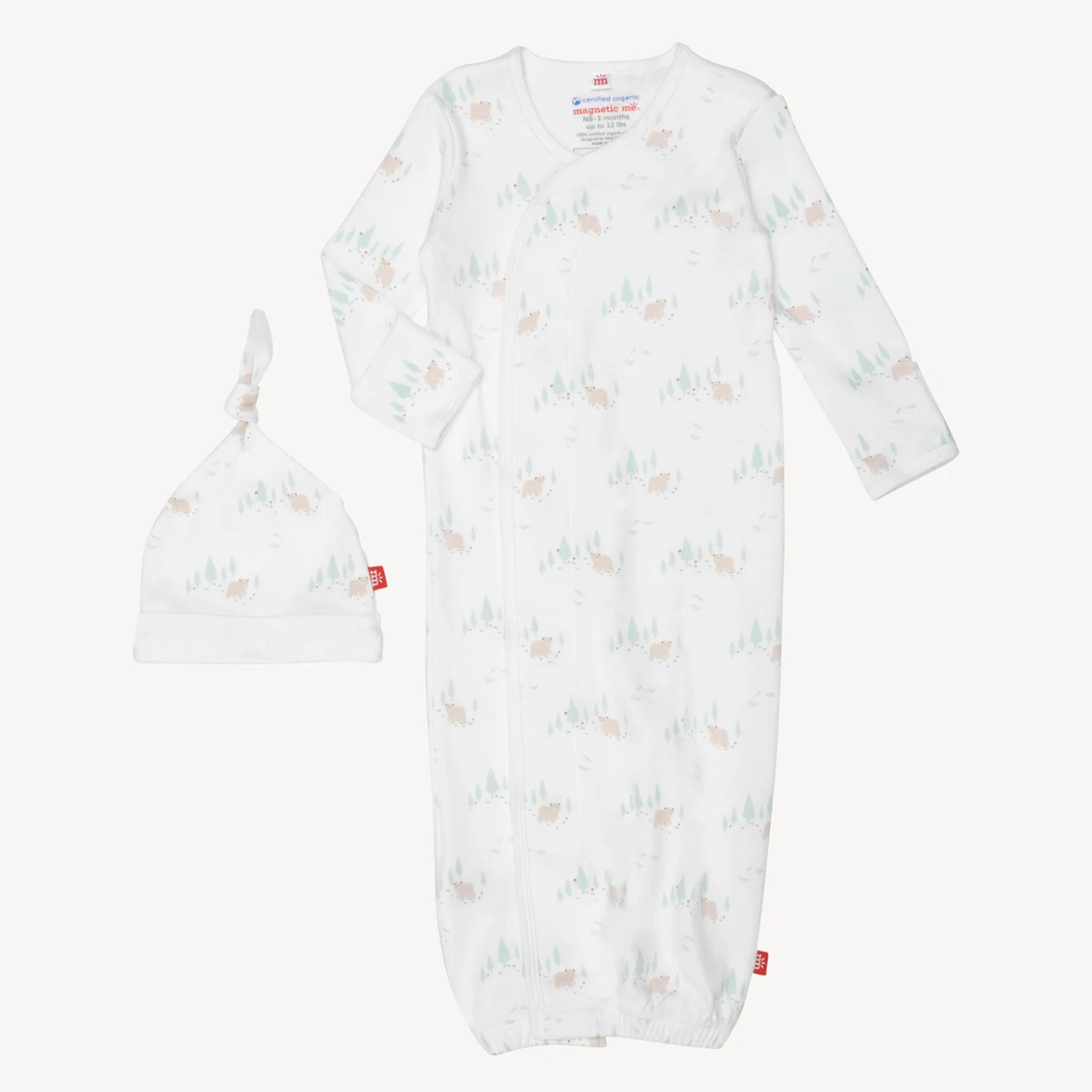 Babe In The Woods Organic Cotton Magnetic Cozy Sleeper Gown + Hat Set