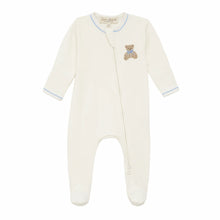 Load image into Gallery viewer, Bear Hugs Hand-Embroidered Zip Footie - Sky
