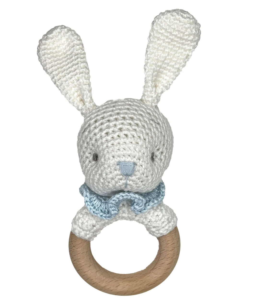 Bunny Bamboo Crochet Woodring Rattle in Blue