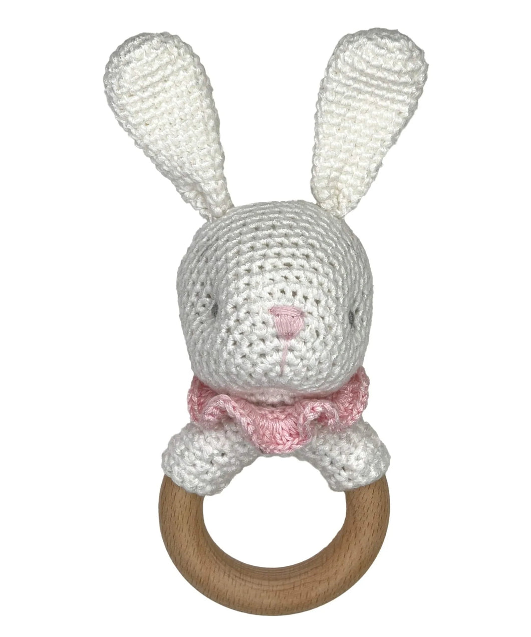 Bunny Bamboo Crochet Woodring Rattle in Pink