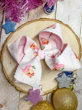 Load image into Gallery viewer, Scalloped Santa Print Glitter Hair Bow in Pink
