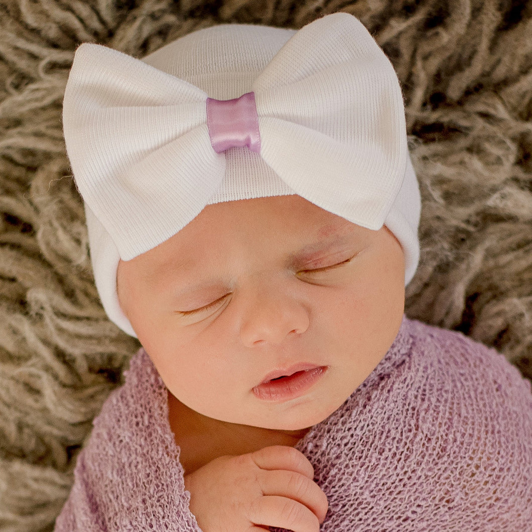 White Newborn Hat with Ribbon